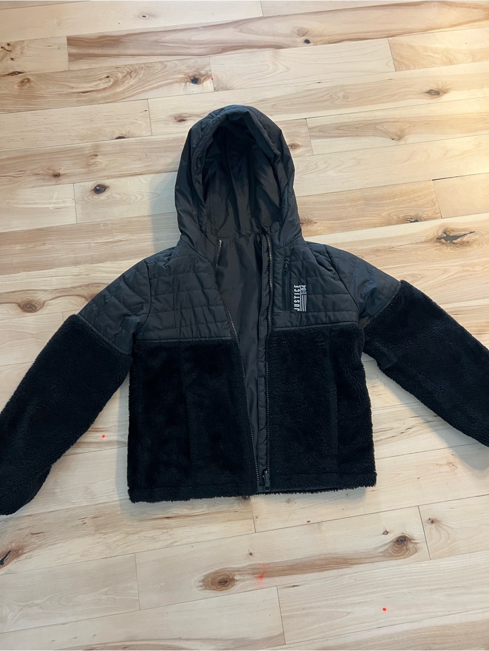 Kids Black Hooded Sherpa & Quilted Jacket